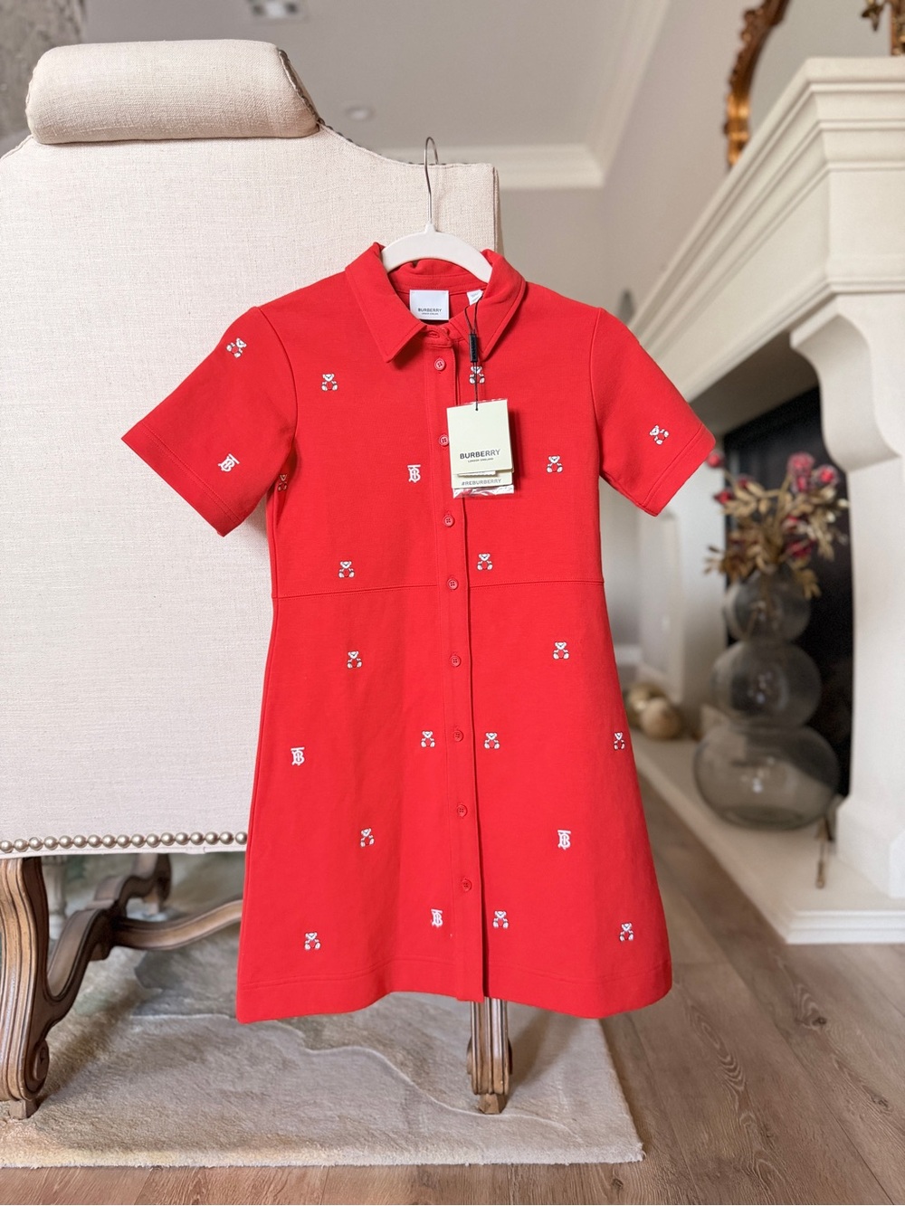 NWT Burberry Girls Romola Embroidered Bear Jersey Shirt Dress Bright Red 10Y